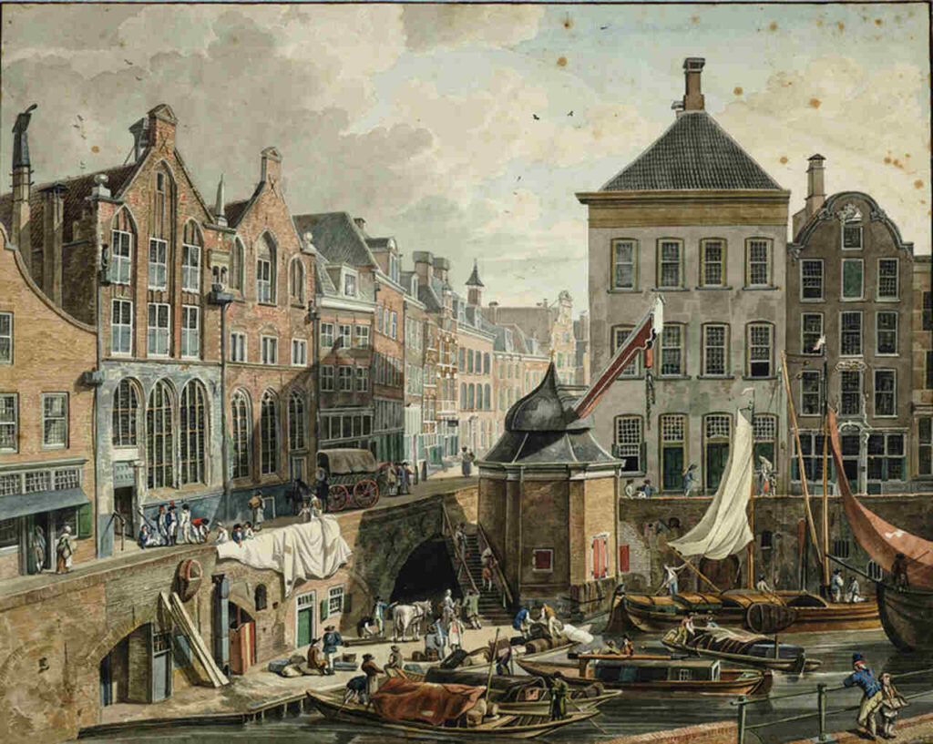 Schilderij van de stadskraan aan de Oudegracht, het handelscentrum van Utrecht. Er wordt druk geladen en gelost.